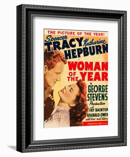 Woman of the Year, Spencer Tracy, Katharine Hepburn on window card, 1942-null-Framed Premium Giclee Print