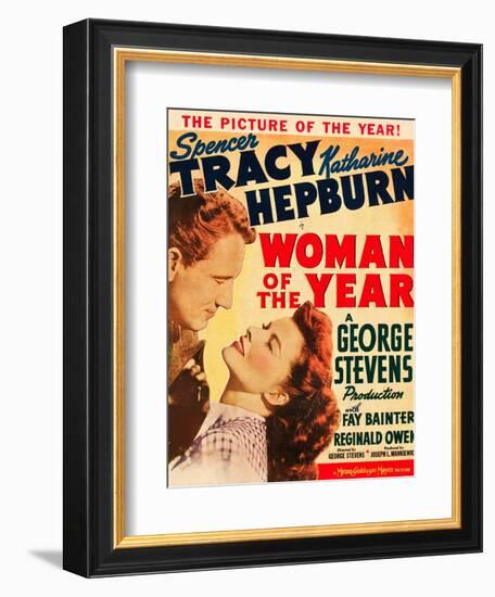 Woman of the Year, Spencer Tracy, Katharine Hepburn on window card, 1942-null-Framed Premium Giclee Print