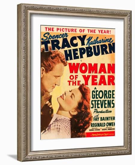 Woman of the Year, Spencer Tracy, Katharine Hepburn on window card, 1942-null-Framed Art Print