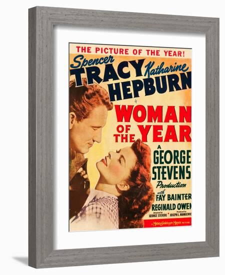 Woman of the Year, Spencer Tracy, Katharine Hepburn on window card, 1942-null-Framed Art Print