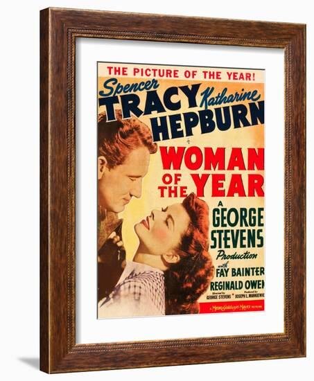 Woman of the Year, Spencer Tracy, Katharine Hepburn on window card, 1942-null-Framed Art Print