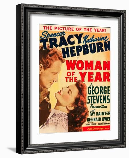 Woman of the Year, Spencer Tracy, Katharine Hepburn on window card, 1942-null-Framed Art Print