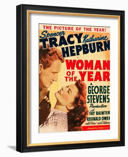 Woman of the Year, Spencer Tracy, Katharine Hepburn on window card, 1942-null-Framed Art Print