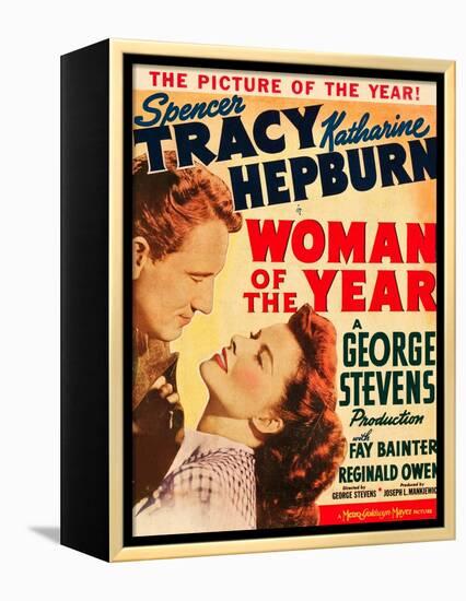 Woman of the Year, Spencer Tracy, Katharine Hepburn on window card, 1942-null-Framed Stretched Canvas