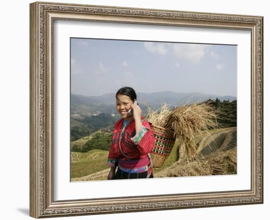 Woman of Yao Minority with Cellphone, Longsheng Terraced Ricefields, Guangxi Province, China-Angelo Cavalli-Framed Photographic Print