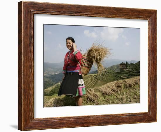 Woman of Yao Minority with Cellphone, Longsheng Terraced Ricefields, Guangxi Province, China-Angelo Cavalli-Framed Photographic Print