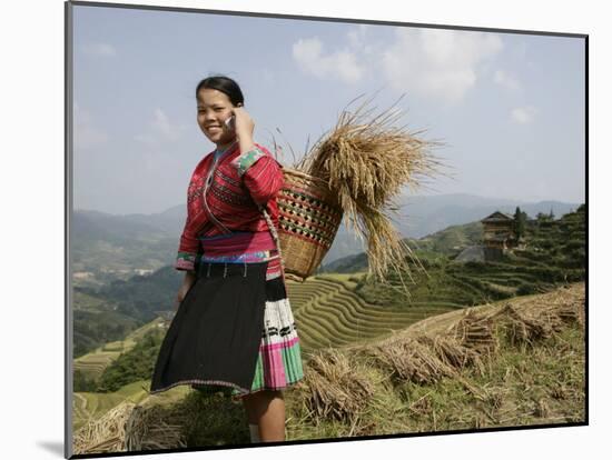 Woman of Yao Minority with Cellphone, Longsheng Terraced Ricefields, Guangxi Province, China-Angelo Cavalli-Mounted Photographic Print