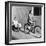 Woman on a Bicycle Pulling a Grown Man on a Toy Tricycle-null-Framed Photo
