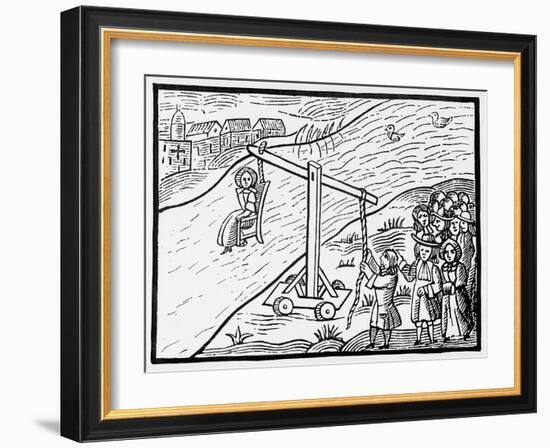 Woman on a Ducking Stool (Woodcut)-English-Framed Giclee Print