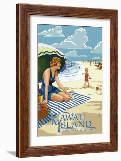 Woman on Beach - Kiawah Island, South Carolina-Lantern Press-Framed Art Print