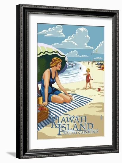 Woman on Beach - Kiawah Island, South Carolina-Lantern Press-Framed Art Print