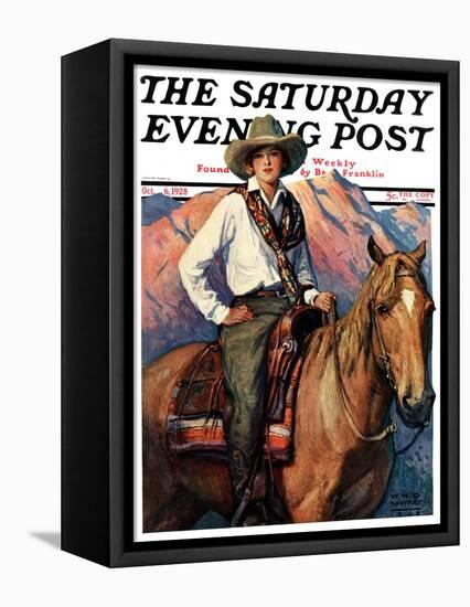"Woman on Horse in Mountains," Saturday Evening Post Cover, October 6, 1928-William Henry Dethlef Koerner-Framed Premier Image Canvas