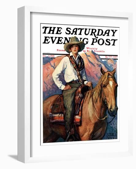 "Woman on Horse in Mountains," Saturday Evening Post Cover, October 6, 1928-William Henry Dethlef Koerner-Framed Giclee Print