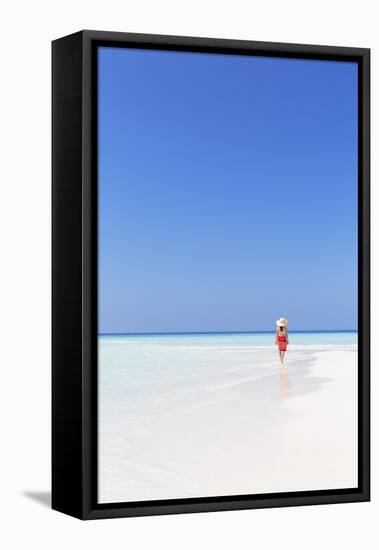 Woman on sandbank, Rasdhoo Island, Northern Ari Atoll, Maldives (MR)-Ian Trower-Framed Premier Image Canvas