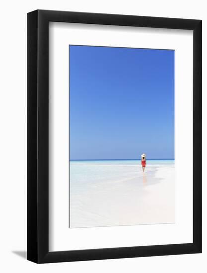 Woman on sandbank, Rasdhoo Island, Northern Ari Atoll, Maldives (MR)-Ian Trower-Framed Photographic Print