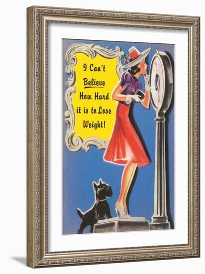 Woman on Scale with Scottie Dog-null-Framed Art Print