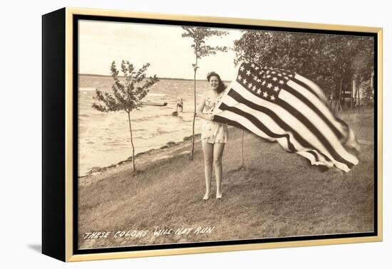 Woman on Shore Holding Flag-null-Framed Stretched Canvas