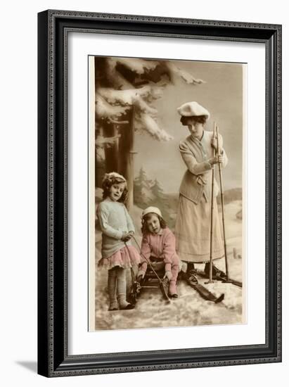 Woman on Skis, Girls on Sled-null-Framed Art Print