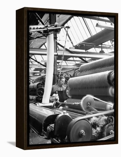 Woman Operating Carding Machine at Wool Mill-null-Framed Premier Image Canvas