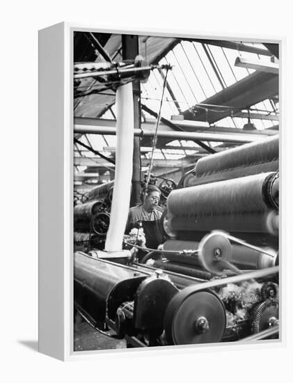 Woman Operating Carding Machine at Wool Mill-null-Framed Premier Image Canvas