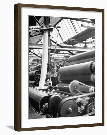 Woman Operating Carding Machine at Wool Mill-null-Framed Photographic Print
