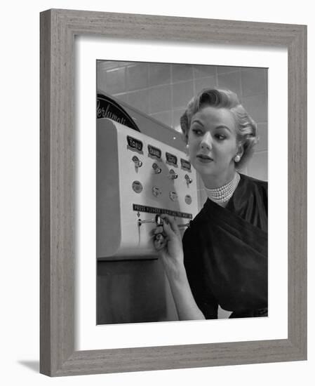 Woman Operating Coin-Operated Perfume Vending Machine-Nina Leen-Framed Photographic Print