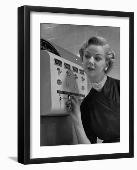 Woman Operating Coin-Operated Perfume Vending Machine-Nina Leen-Framed Photographic Print