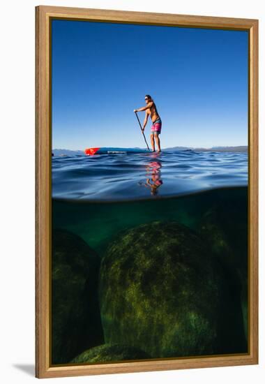 Woman paddleboarding in the lake, Lake Tahoe, Nevada, USA-null-Framed Premier Image Canvas