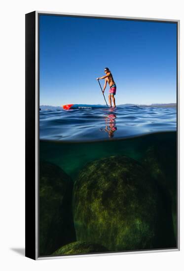 Woman paddleboarding in the lake, Lake Tahoe, Nevada, USA-null-Framed Premier Image Canvas