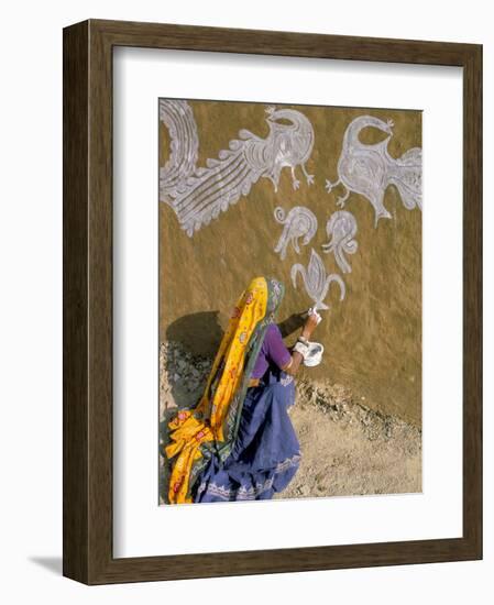 Woman Painting Designs on Her House, Tonk Region, Rajasthan State, India-Bruno Morandi-Framed Photographic Print