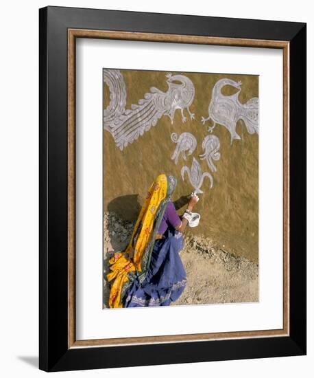 Woman Painting Designs on Her House, Tonk Region, Rajasthan State, India-Bruno Morandi-Framed Photographic Print