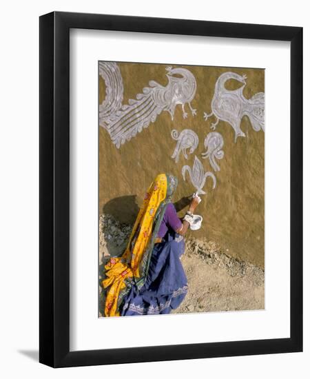 Woman Painting Designs on Her House, Tonk Region, Rajasthan State, India-Bruno Morandi-Framed Photographic Print