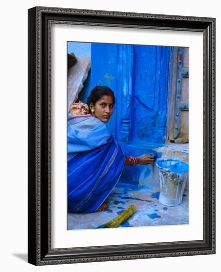 Woman Painting Her House, Jodhpur, Rajasthan, India-Bruno Morandi-Framed Photographic Print