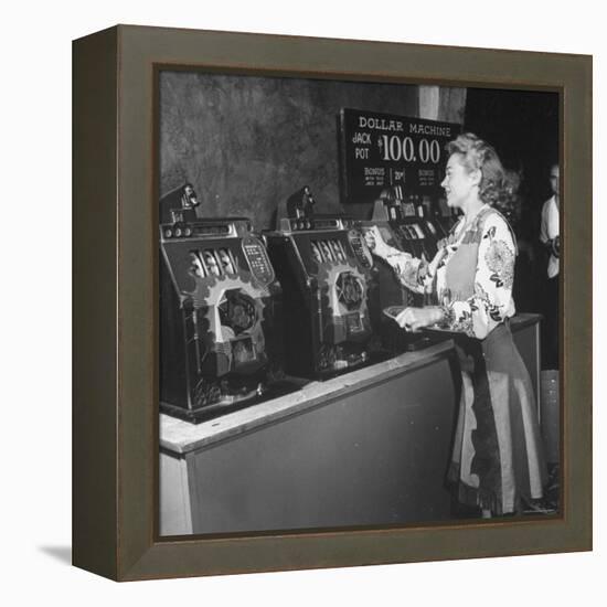 Woman Participating in WWII War Bond Rally in Gambling Casino-John Florea-Framed Premier Image Canvas