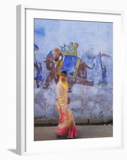 Woman Passing Mural, Bundi, Rajasthan, India-Ian Trower-Framed Photographic Print