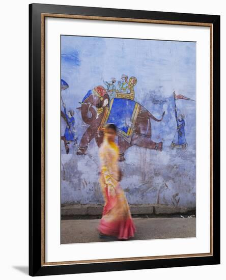 Woman Passing Mural, Bundi, Rajasthan, India-Ian Trower-Framed Photographic Print