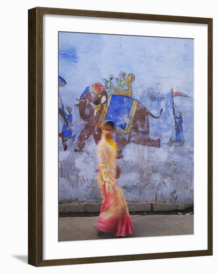 Woman Passing Mural, Bundi, Rajasthan, India-Ian Trower-Framed Photographic Print