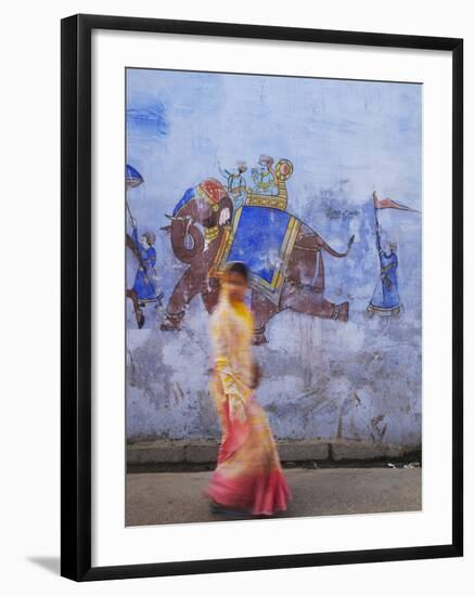 Woman Passing Mural, Bundi, Rajasthan, India-Ian Trower-Framed Photographic Print