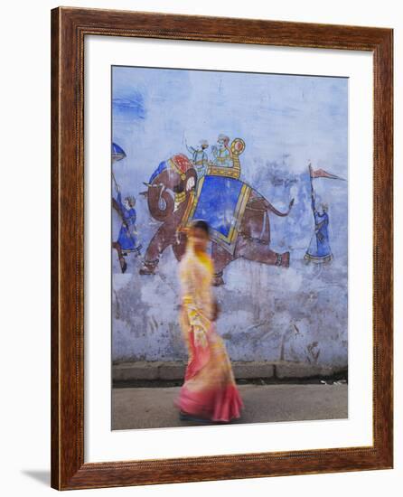 Woman Passing Mural, Bundi, Rajasthan, India-Ian Trower-Framed Photographic Print