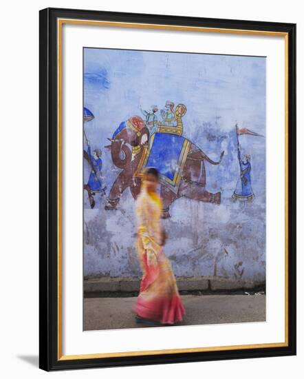 Woman Passing Mural, Bundi, Rajasthan, India-Ian Trower-Framed Photographic Print