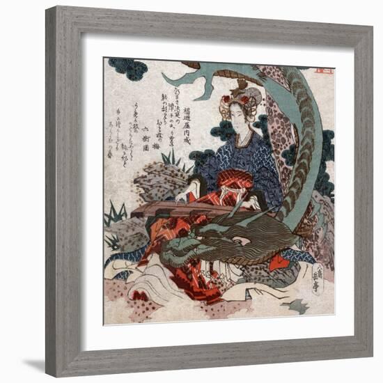 Woman Playing a Koto with a Dragon Curled around Her, Japanese Wood-Cut Print-Lantern Press-Framed Art Print