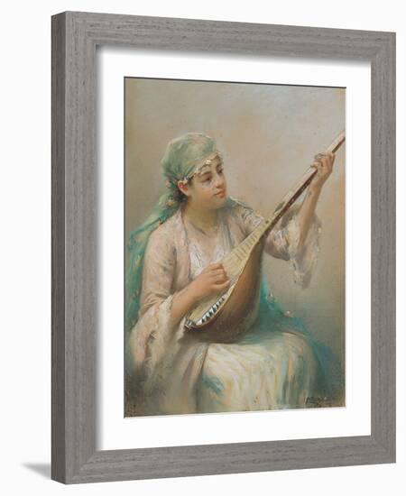 Woman Playing a Lute-Fausto Zonaro-Framed Giclee Print