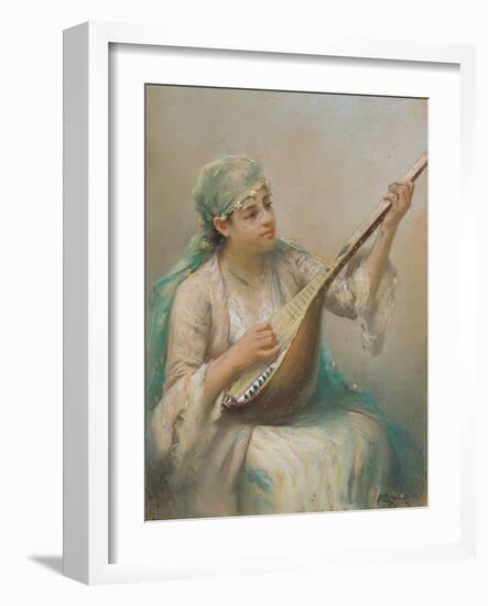 Woman Playing a Lute-Fausto Zonaro-Framed Giclee Print