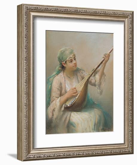 Woman Playing a Lute-Fausto Zonaro-Framed Giclee Print