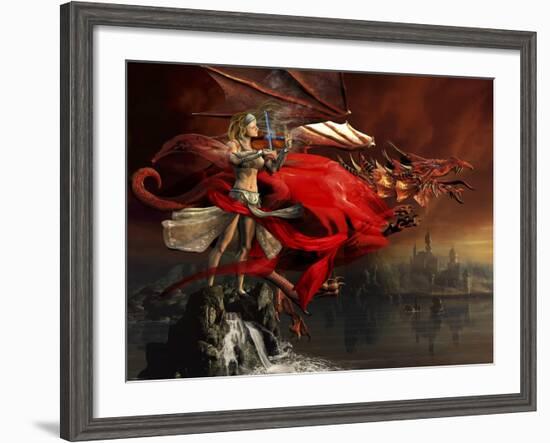 Woman Playing a Magical Violin to Call Out a Red Dragon-Stocktrek Images-Framed Art Print