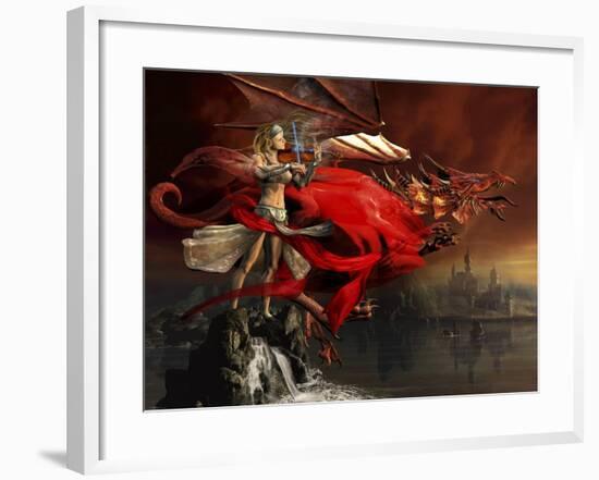 Woman Playing a Magical Violin to Call Out a Red Dragon-Stocktrek Images-Framed Art Print