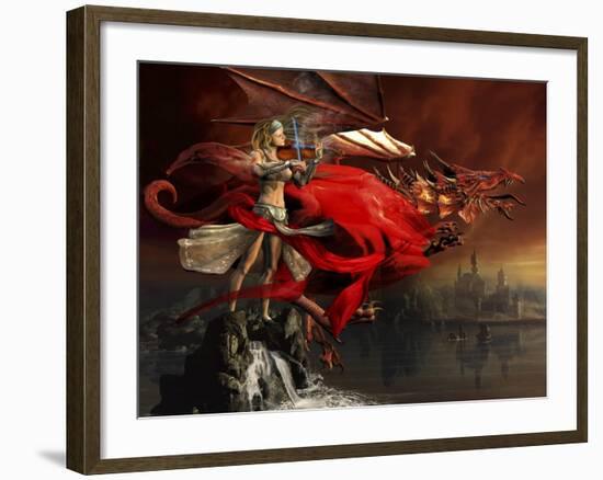 Woman Playing a Magical Violin to Call Out a Red Dragon-Stocktrek Images-Framed Art Print