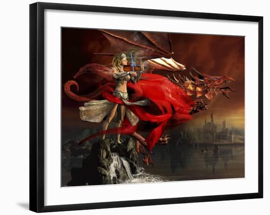 Woman Playing a Magical Violin to Call Out a Red Dragon-Stocktrek Images-Framed Art Print