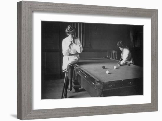 Woman Playing Billiards Photograph-Lantern Press-Framed Premium Giclee Print