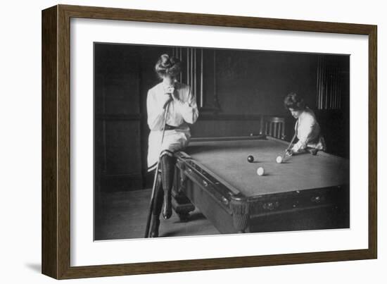 Woman Playing Billiards Photograph-Lantern Press-Framed Premium Giclee Print